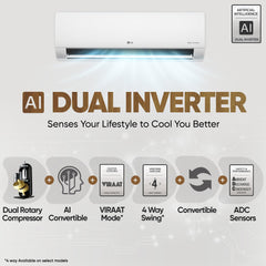 LG 1 Ton 5 Star DUAL Inverter Split AC (Copper, AI Convertible 6-in-1 with VIRAAT Mode, Faster Cooling & Energy Saving, 4 Way Swing, HD Filter with AntiVirus Protection, US-Q14YNZE, White)