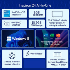 Dell 24 All-in-One|13th i5-1334U, 8GB RAM DDR5 512GB SSD,Intel Graphics|23.8" FHD AG,IPS, 99% SRGB|Win 11+MSO'24+O365|Molded Speaker Grill|Intel WiFi 6e|5MP Pop-Up IR Camera|Dolby Atmos Dual Speakers