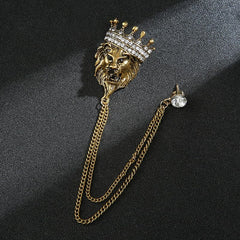 SYGA Men's & Women Classic Animal Lion Head Corsage Suit With Eagle Chain Lapel Pin Tassel Brooch Pin with Crystal Chain(Ancient gold crown lion head)