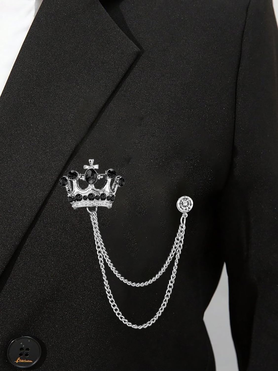 SYGA Men's & Women Suit Shirt Stud Lapel Pin Chain Tassel Brooch Pin with Crystal Chain(Silver Black Diamond)