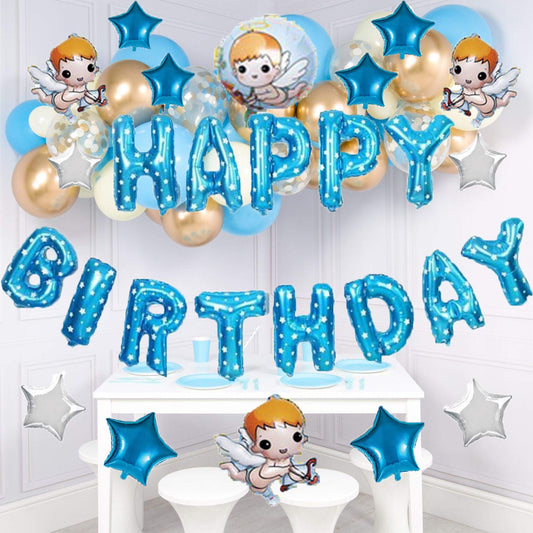 SYGA Foil Balloons- Happy Birthday Letters with Angels and Stars for Baby Boy(Blue)