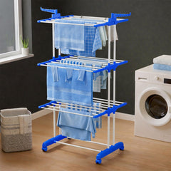 STANSY 3-Tier Heavy Duty Cloth Drying Stand with Wheels, Foldable Laundry Dryer Rack, Stainless Steel Drying Stand for Home, Balcony, Indoor Use, Blue