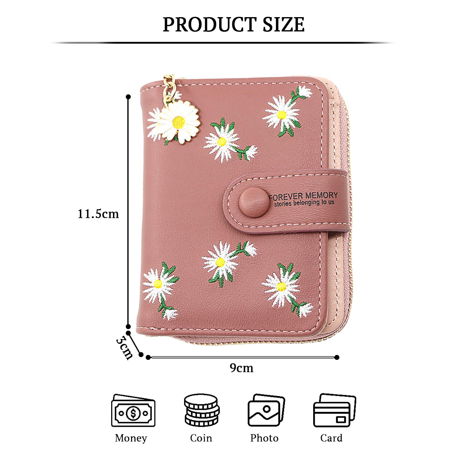 SYGA Women's Short Zipper Buckle Personalized Pu Leather Wallet Coin & Card Purse(Flower Pink)