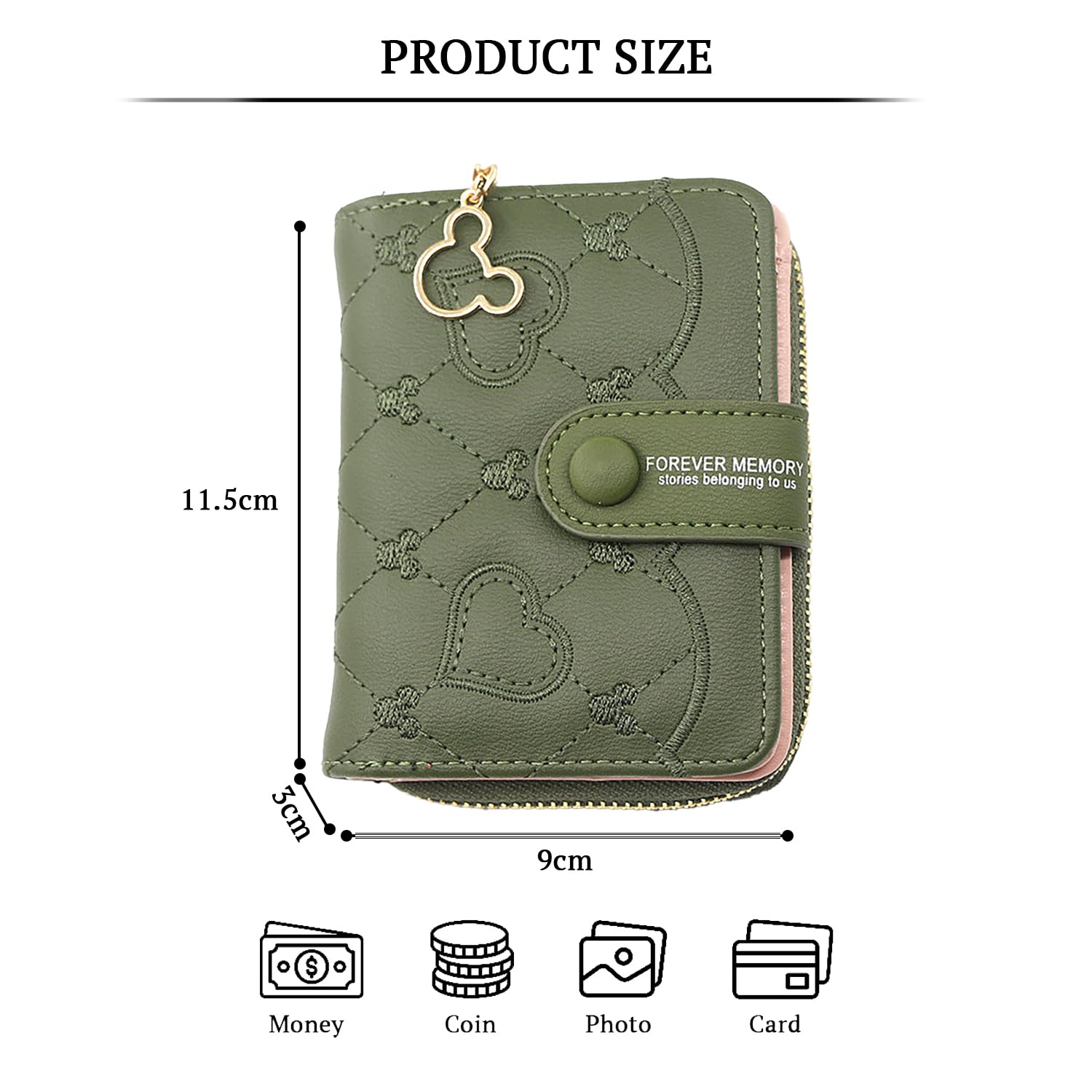 SYGA Women's Short Zipper Buckle Heart Shaped Wallet with Key Chain, Cute for Girls Pu Leather Wallet Coin & Card Purse(Mickey Green)