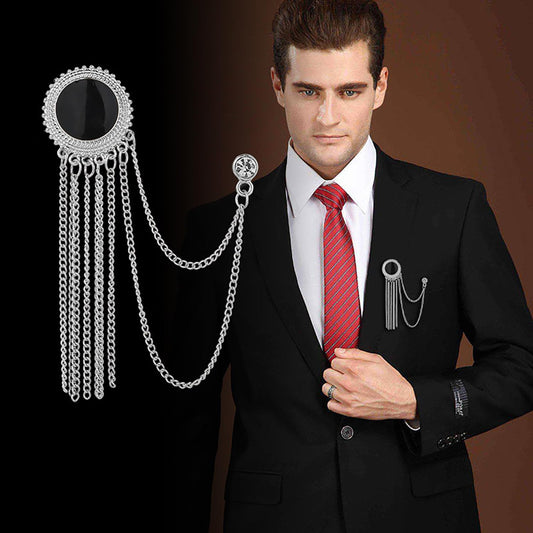 SYGA Men's & Women Suit Shirt Stud Lapel Pin Chain Tassel Brooch Pin with Crystal Chain(Classic Round Tassel Silver)