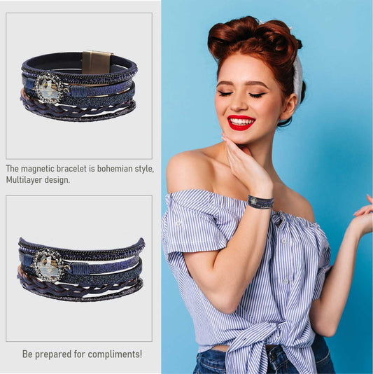 SYGA Bohemia Multilayer Bracelet Leather Wrap Retro Wristband Magnet Buckle Cuff Bangle Elastic Tassel Bracelet, Stackable Bracelet for Boy and Girl, Party, Holiday, Beach Accessories - Black