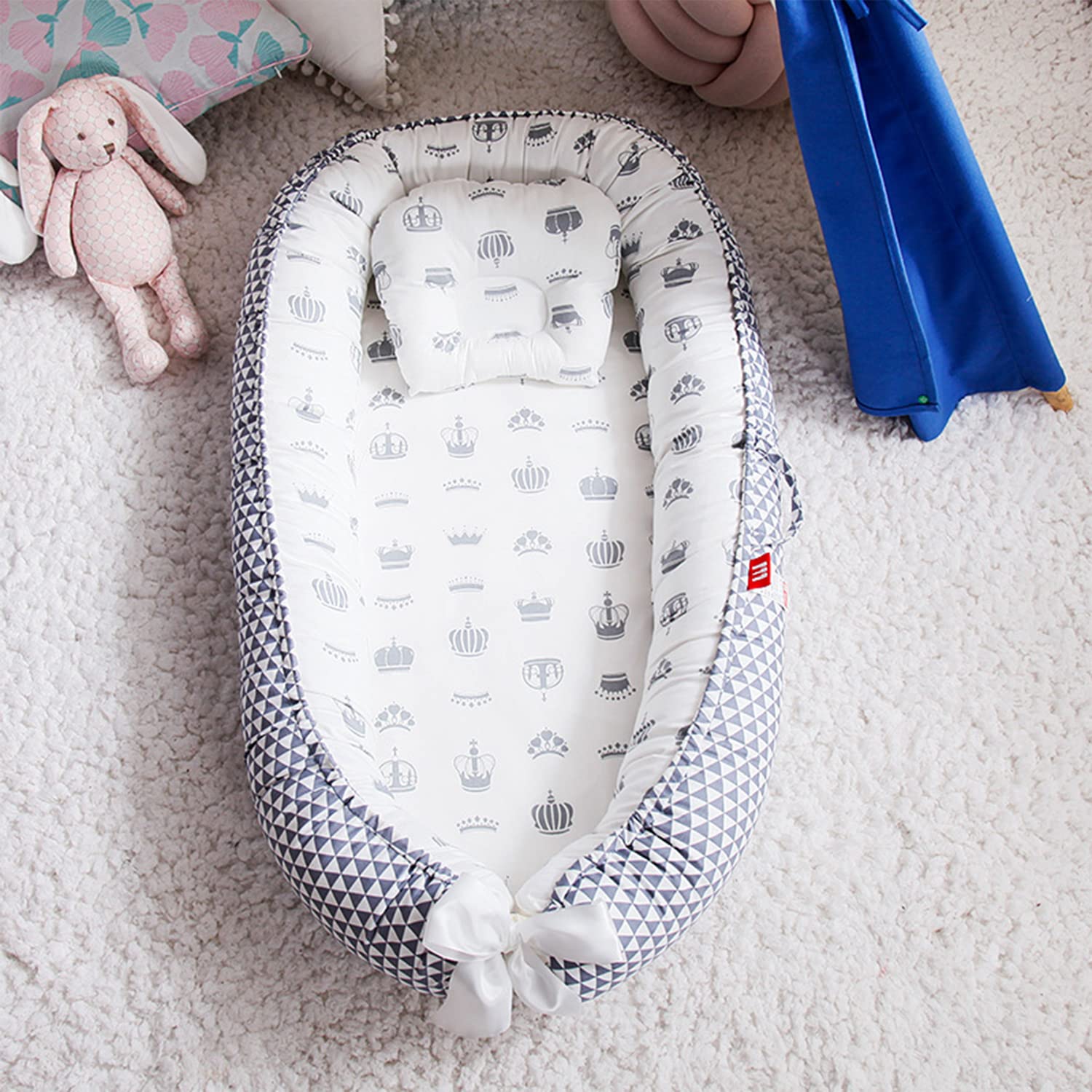 SYGA New Born Baby Nest Portable Reversible Sleeping Bed Foldable Sleeping Toddler Cotton Baby Mattress Pillow for 0-2 Years Baby, 53 X 88 CM, Blue Edge Blue Star