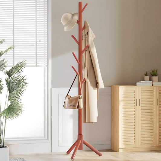 STANSY Wooden Tree Design Coat Rack Stand with Multiple Hooks & Stable Tripod Base for Entryway, Bedroom & Office