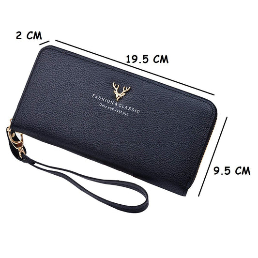 SYGA Women Wallet Female Purse Long Leather Bag Women Clutch Wristlet Antlers Design Zipper Clutch Card Phone Holder Coin Purse_Black