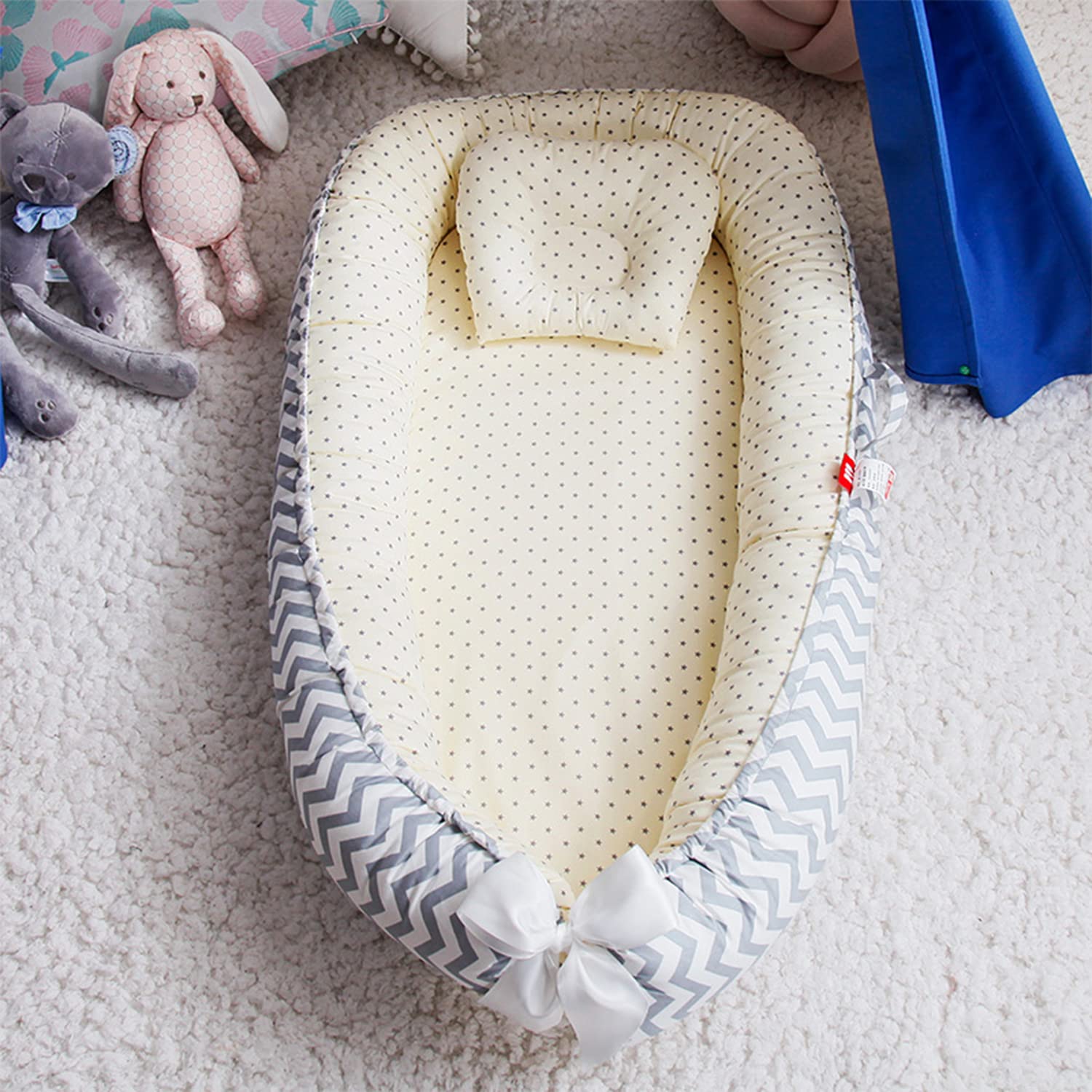 SYGA New Born Baby Nest Portable Reversible Sleeping Bed Foldable Sleeping Toddler Cotton Baby Mattress Pillow for 0-2 Years Baby, 53 X 88 CM, Blue Edge Blue Star