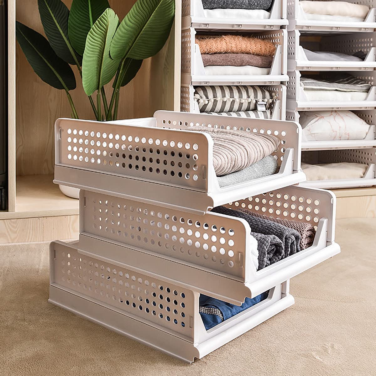 SYGA 2pcs Shelf Baskets Organizer Folding Wardrobe Household Layered Storage Rack Drawer-Type Stackable Large Storage Basket Plastic (White)