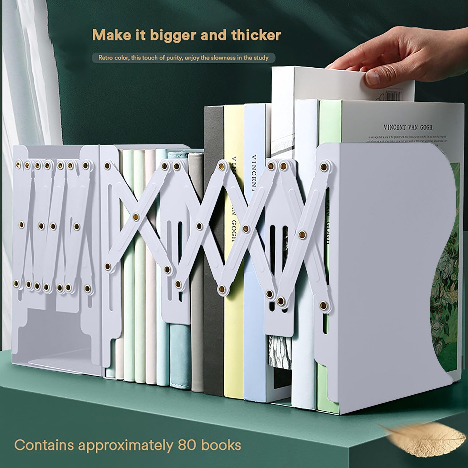 SYGA Bookends for Shelves, Book Organizer for Desk, Metal Bookends for Heavy Books, Book Holders for Shelves, Adjustable Decorative Bookends for Home Office(White)