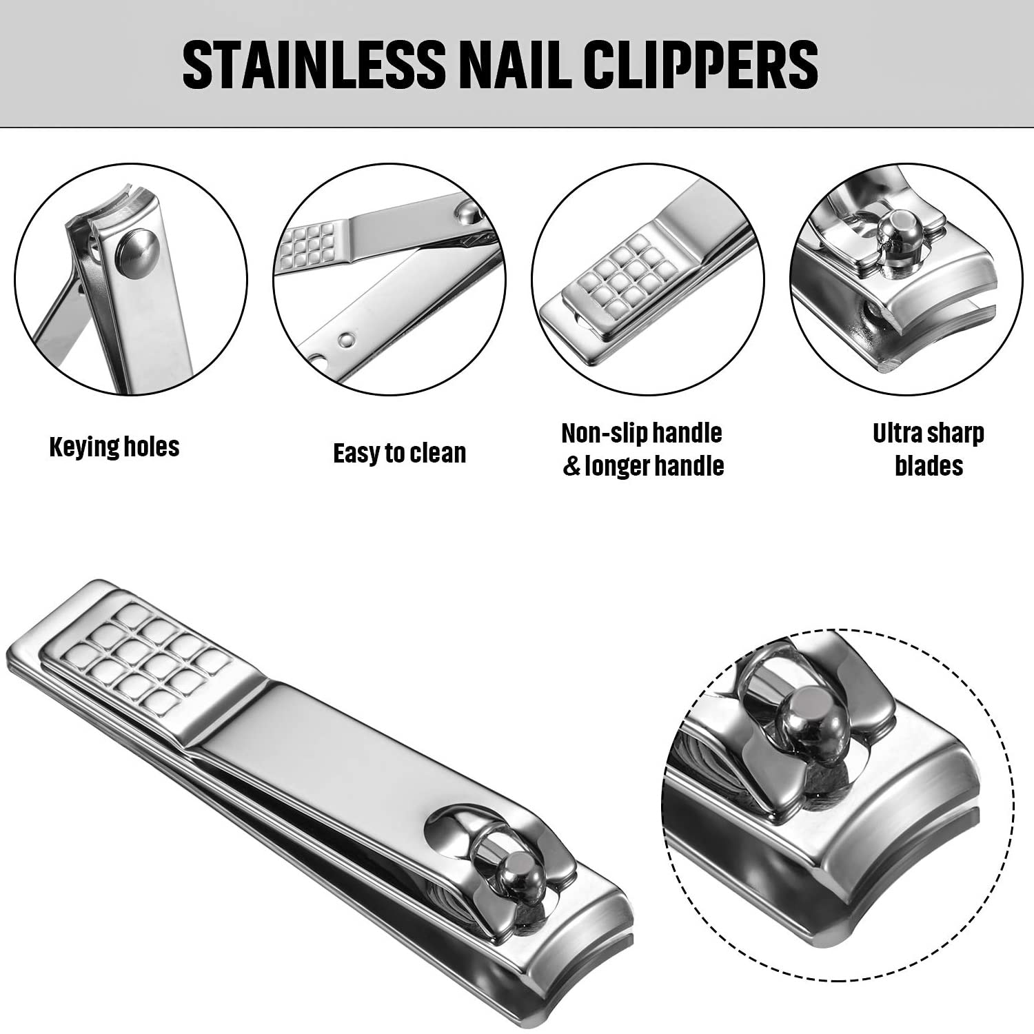 SYGA Nail Pack of 3 Clipper Set - Premium Silver Stainless Steel Deluxe Fingernail and Toenail Clipper Cutter