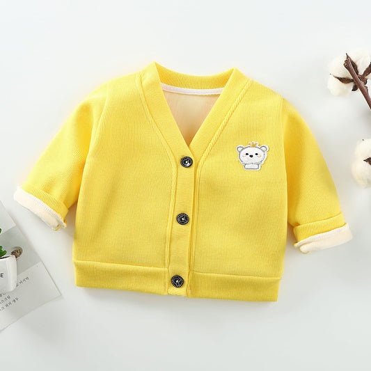 MOMISY Baby Boy & Girls Sweater Jacket Front Open V Neck Cardigan with Lining (2-3 Years, Yellow)