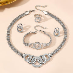 SYGA Women Necklace Set Silver-tone Five Rings Pattern Four Piece Jewelry Set Earrings Necklace Bracelet Ring Wedding Festival For Women