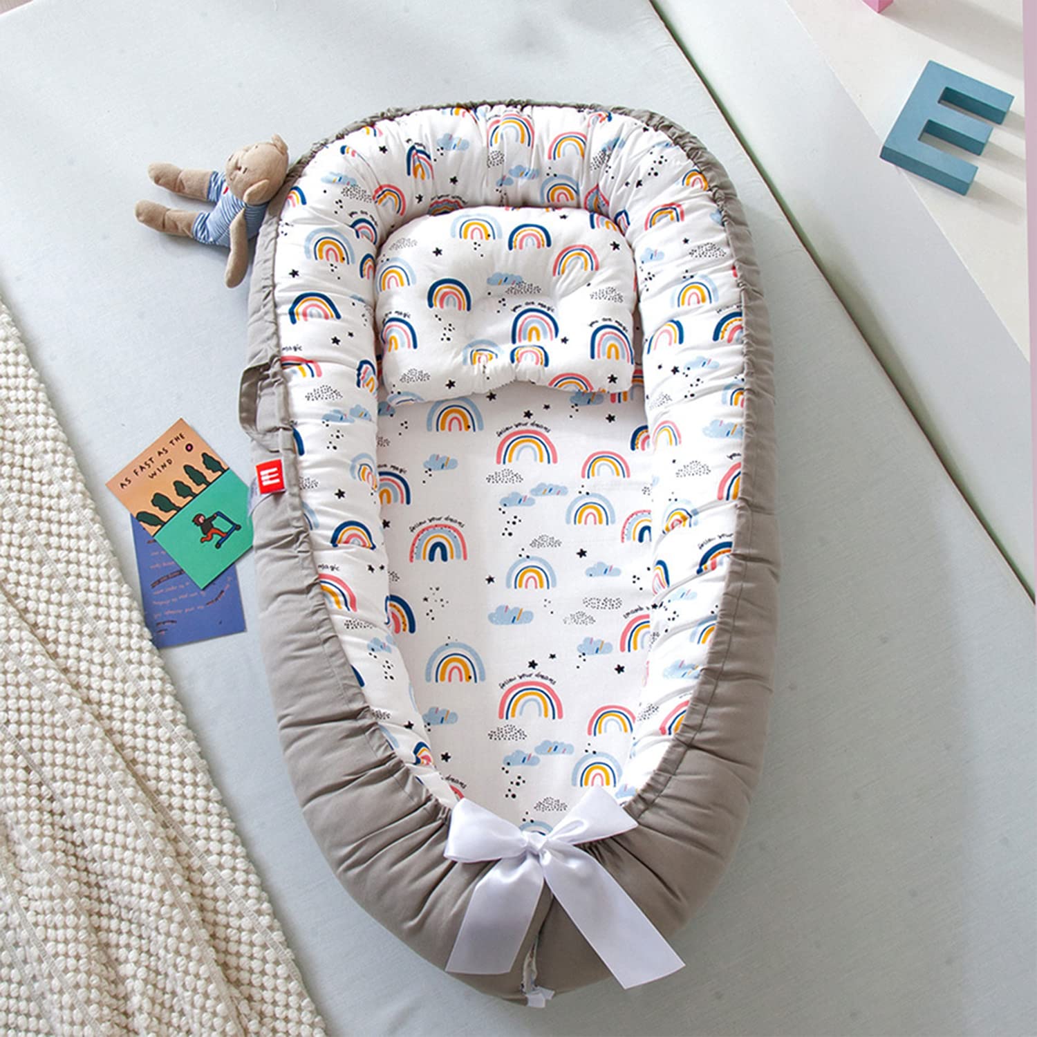 SYGA New Born Baby Nest Portable Reversible Sleeping Bed Foldable Sleeping Toddler Cotton Baby Mattress Pillow for 0-2 Years Baby, 53 X 88 CM, Blue Edge Blue Star
