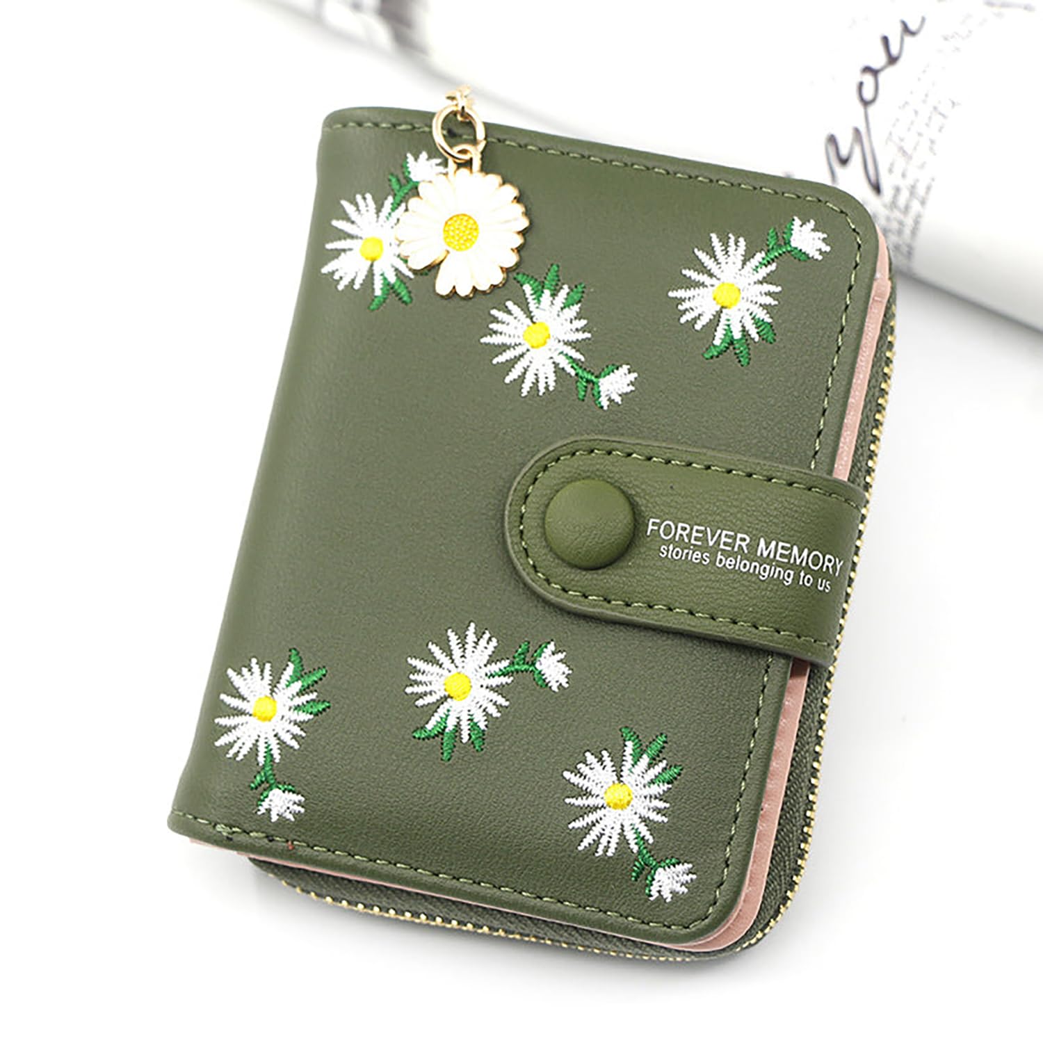 SYGA Women's Short Zipper Buckle Personalized Pu Leather Wallet Coin & Card Purse(Flower Green)