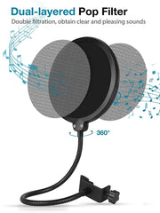 SYGA Microphone Pop Filter, for Blue Yeti, Blue Snowball - Flexible Gooseneck Microphone Mount and Double Layer Sound Shield Guard Windscreen