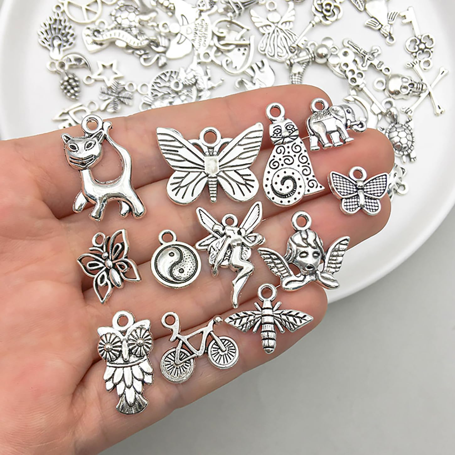 SYGA 100 Pieces Mixed Charms Pendant Charms Craft Supplies for Earrings Necklace Bracelet Jewellery DIY Making (Silver-001)