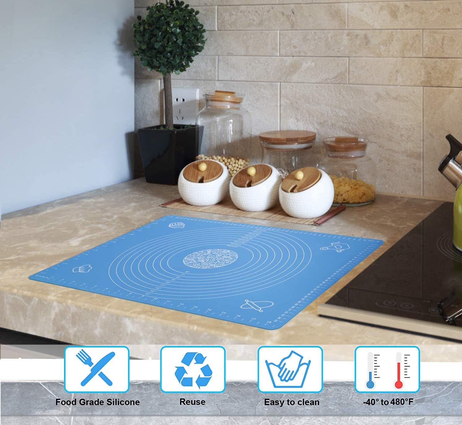 SYGA Silicone Baking Mat for Pastry Rolling Dough with Measurements - 19.7" x 15.7" BPA Free Non Stick and Non Slip Blue Table Sheet Baking Supplies for Bake Pizza Cake_Blue