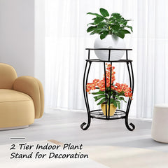 STANSY 2 Tier Metal Plant Stand, Round Indoor Flower Pot Holder, Multi-Purpose Bathroom Storage Shelf, Heavy Duty Decorative Corner Table for Living Room, Balcony, (Black)
