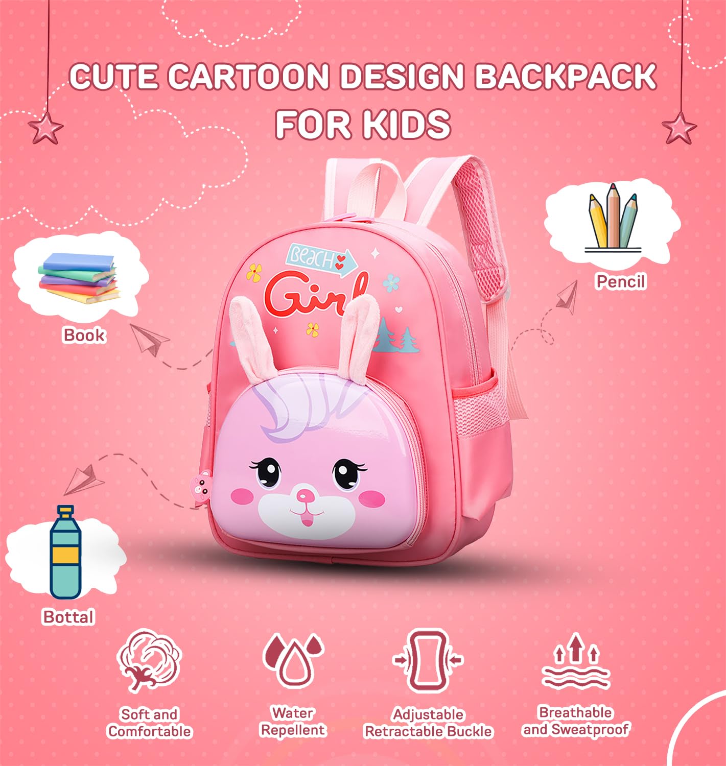 SYGA Children's Backpack, Cute Animal Cartoon Nylon Schoolbag, Suitable for 3-7 Years Old(Pony-Rose Pink)