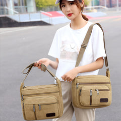 MOMISY Canvas Sling Cross Body Bag Travel Side Bag Office Messenger Bag Business Bag Multi Pocket Shoulder Bag Money Bag for Adults, Men and Women (Khaki)