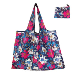 MOMISY Designer Pattern Reusable and Foldable Shopping Bag/Tote Hand bag/Travel Bag/Grocery Bag | Heavy Duty, Eco Friendly | Compact, Lightweight and Convenient (Flower Navy)