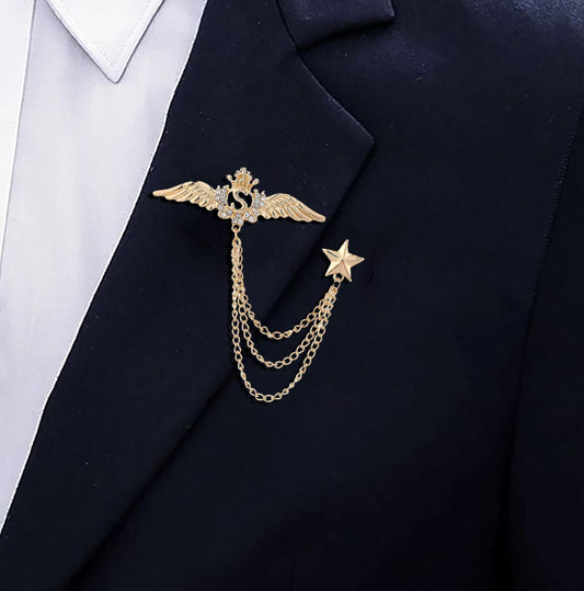 SYGA Men's & Women Suit Shirt Stud Lapel Pin Chain Tassel Brooch Pin with Golden Wings Pentagram Crystal Chain