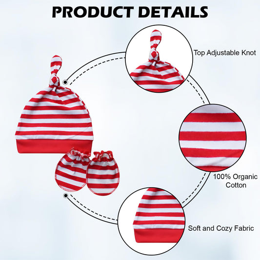 MOMISY Newborn Baby's Cotton Cap Mitten Set, 0-6 Months (IN, Age, 0 Months, 6 Months, RedStripe)