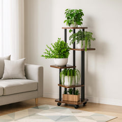 STANSY 5 Tier Plant Stand with Wheels | Multi-Layer Metal Flower Shelf for Indoor & Outdoor Use | Heavy-Duty Wooden Laminate Display Stand for Home, Balcony, Living Room(Mocha Brown + Black 112cm)