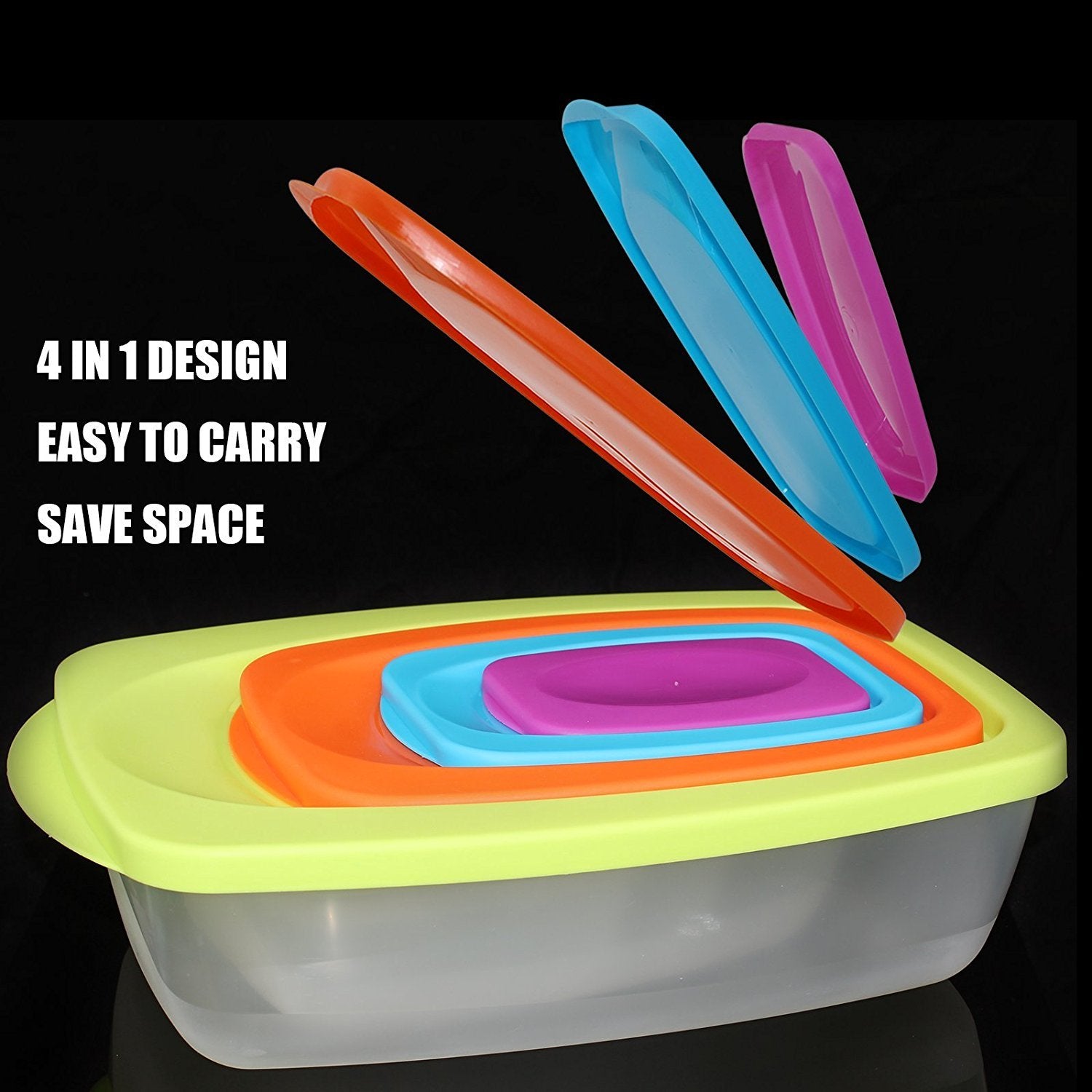 SYGA Ractangle Shape Food Storage Container Set with Multi Colored Lids,BPA-Free Plastic 4 Container