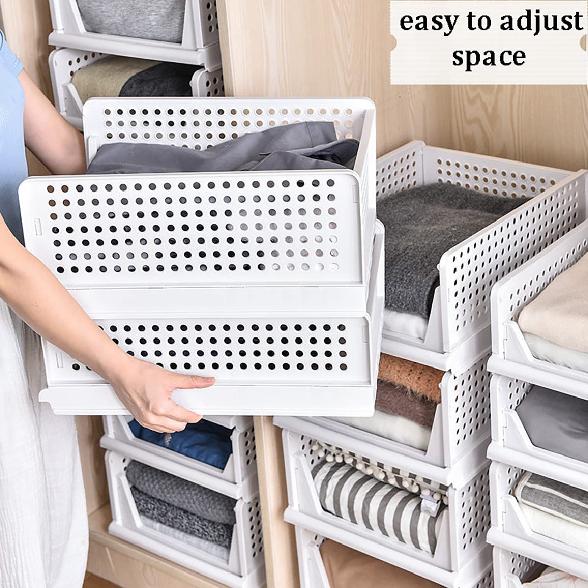 SYGA 2pcs Shelf Baskets Organizer Folding Wardrobe Household Layered Storage Rack Drawer-Type Stackable Large Storage Basket Plastic (White)