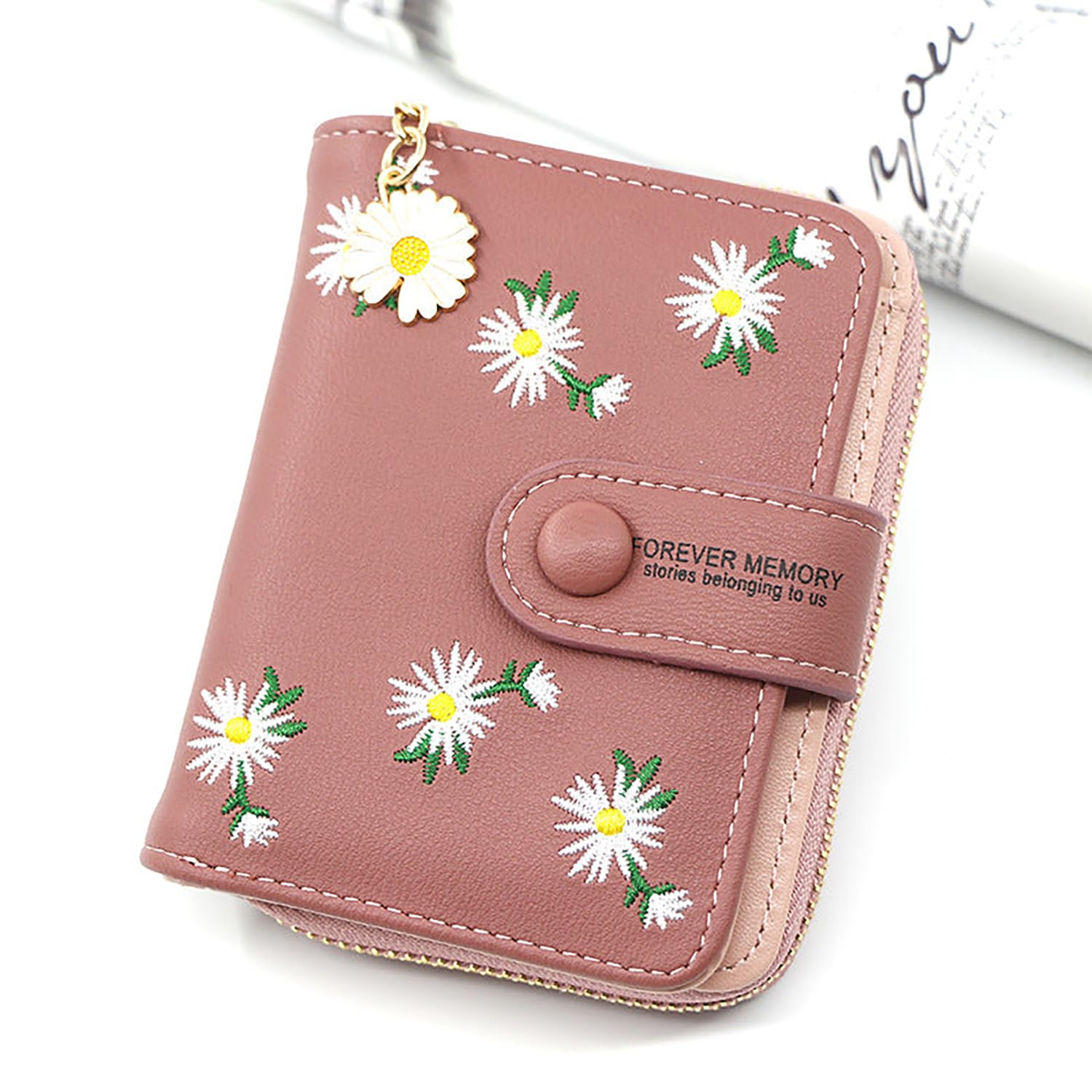 SYGA Women's Short Zipper Buckle Personalized Pu Leather Wallet Coin & Card Purse(Flower Pink)