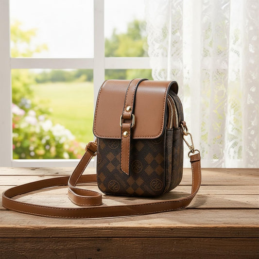 MOMISY Women’s Mini Crossbody Sling Bag | PVC Leather Mobile Phone Shoulder Bag with Magnetic Buckle & Adjustable Strap – Brown
