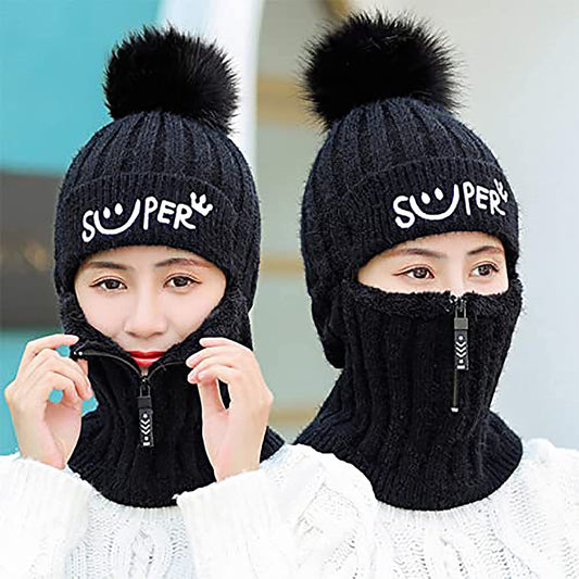 SYGA Unisex Winter Women Cap Wool Cap Smiley Zipper Pom Pom Hat Above 15 Year - Beige
