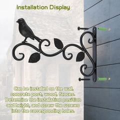 STANSY Decorative Iron Wall Hanging Plant Bracket, Bird and Leaf Design, Heavy Duty Wall Mount Hook, Black, Set of 1