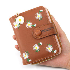 SYGA Women's Short Zipper Buckle Personalized Pu Leather Wallet Coin & Card Purse(Flower Brown)