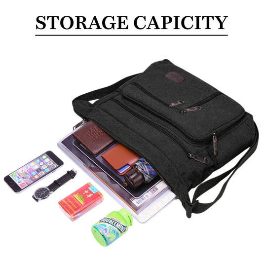 MOMISY Canvas Sling Cross Body Bag Travel Side Bag Office Messenger Bag Business Bag Multi Pocket Shoulder Bag Money Bag for Adults, Men and Women (Black)