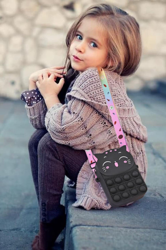 SYGA Children Pop It Fidget Cat Pattern Silicone Bag Kids Push Popper Educational Decompression Bubble Shoulder Bag (Black)