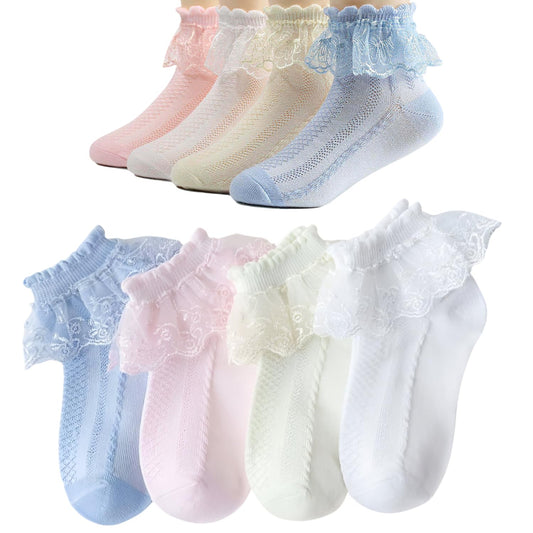 MOMISY Baby Girl kids Toddlers Infant lace Socks Cotton Stretch-Flower Net-Multicolour-Set of 4 numbers (IN, Age, 7 Years, 10 Years)