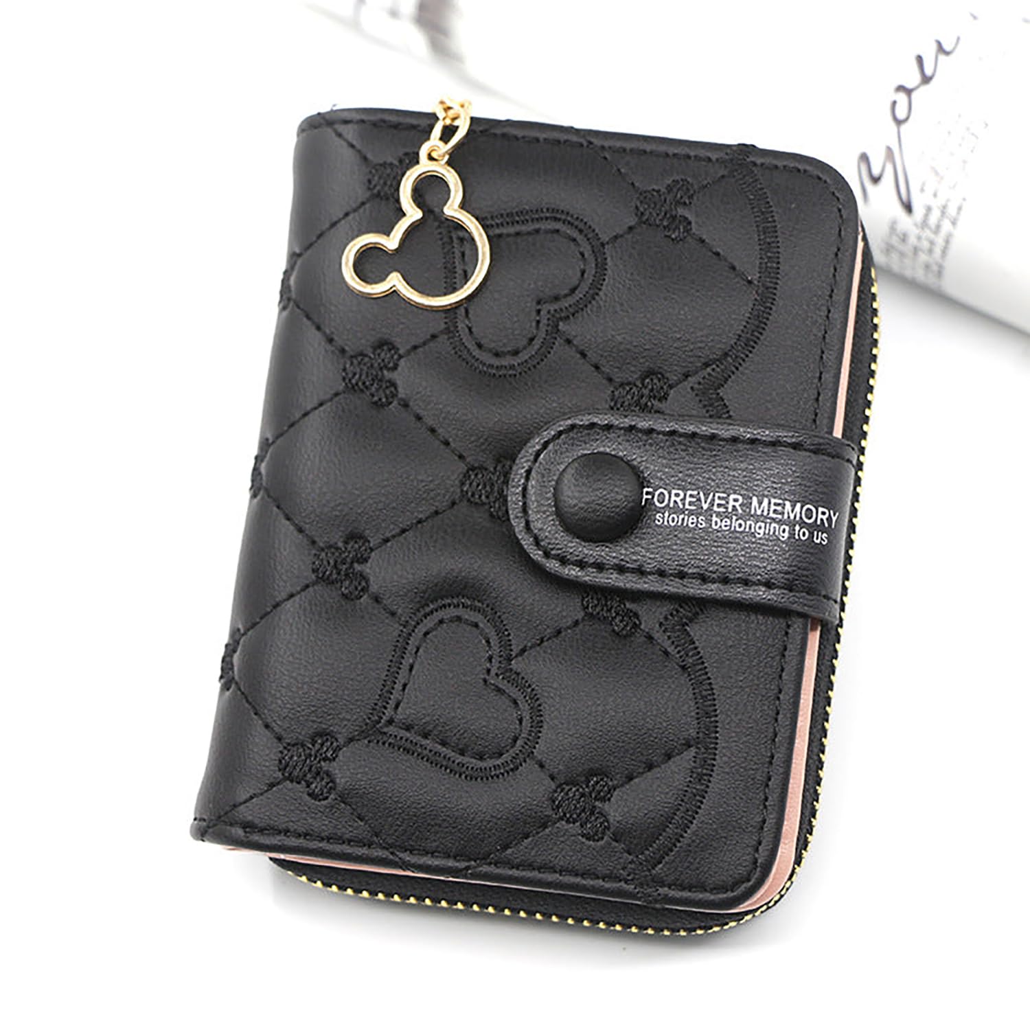 SYGA Women's Short Zipper Buckle Heart Shaped Wallet with Key Chain, Cute for Girls Pu Leather Wallet Coin & Card Purse(Mickey Black)