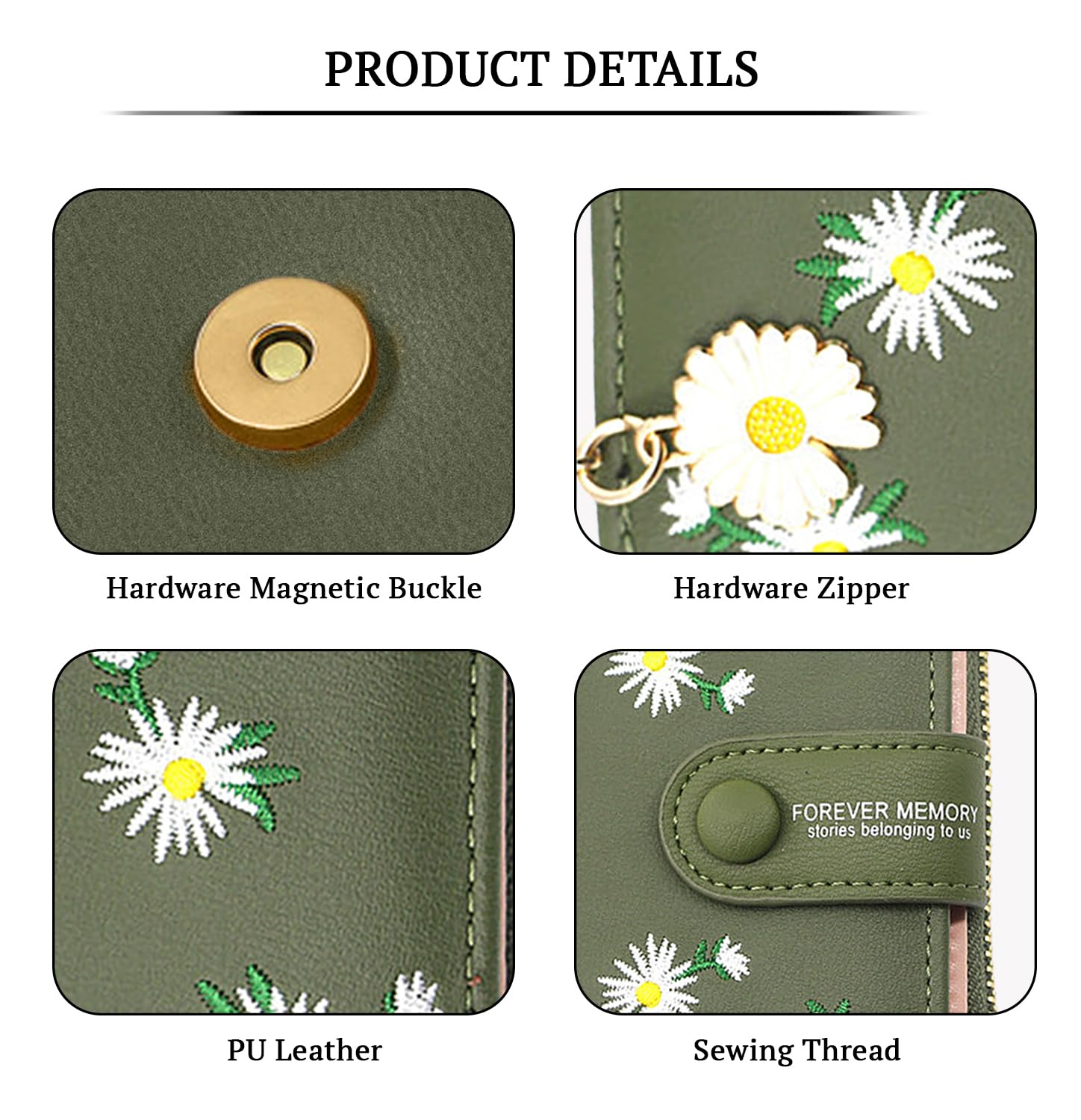 SYGA Women's Short Zipper Buckle Personalized Pu Leather Wallet Coin & Card Purse(Flower Green)