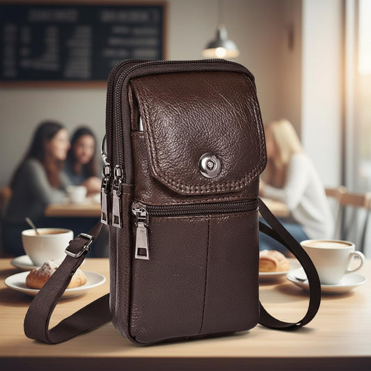 MOMISY Leather Crossbody Sling Bag, Mobile Cell Phone and Passport Holder, Travel Waist Pouch Holster for Men and Women (Dark Brown)