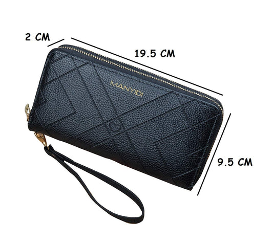 SYGA Double Zipper Hand Wallet Ladies Double-Layer Clutch Bag Long Large Capacity Embossed Wallet Phone Bag_Black