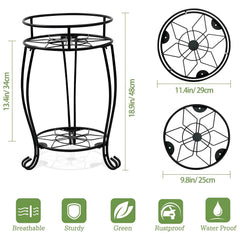 STANSY 2 Tier Metal Plant Stand, Round Indoor Flower Pot Holder, Multi-Purpose Bathroom Storage Shelf, Heavy Duty Decorative Corner Table for Living Room, Balcony, (Black)