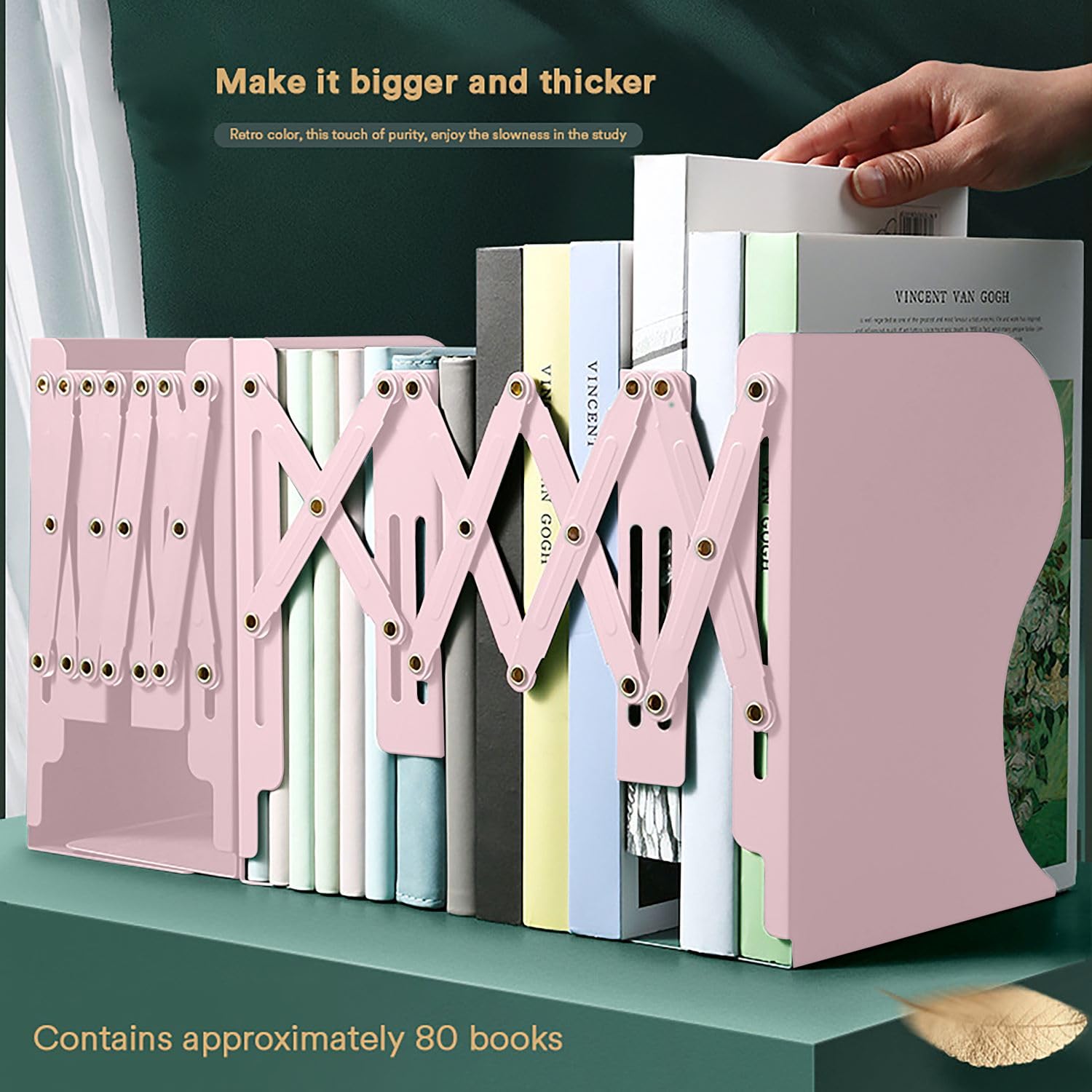 SYGA Bookends for Shelves, Book Organizer for Desk, Metal Bookends for Heavy Books, Book Holders for Shelves, Adjustable Decorative Bookends for Home Office(Pink)