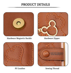 SYGA Women's Short Zipper Buckle Heart Shaped Wallet with Key Chain, Cute for Girls Pu Leather Wallet Coin & Card Purse(Mickey Brown)