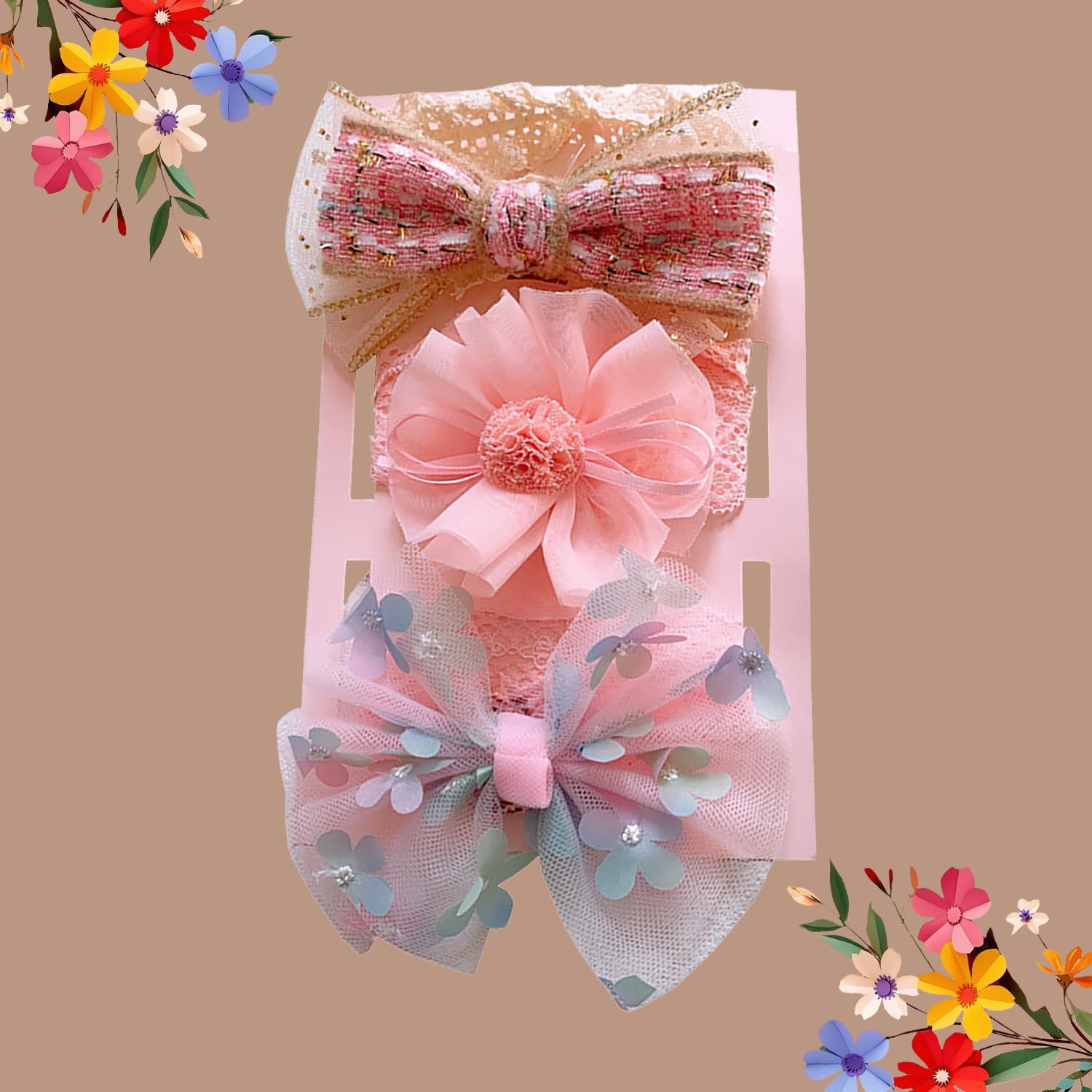 SYGA 3 Pcs Baby Girl Headband Soft Flower Bow Strechable Hairband Suitable For Newborns, Infants, Toddlers and Kids 0-3 Years(Gradient Flower Bow)