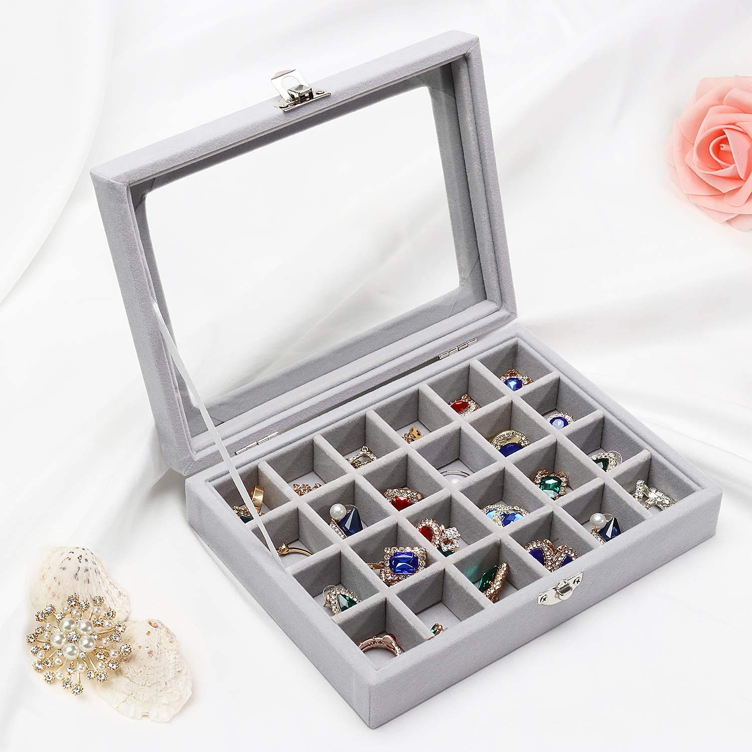 SYGA 24 Section Velvet Glass Jewelry Ring Display Organiser Box Tray Holder Earrings Storage Case (Black)